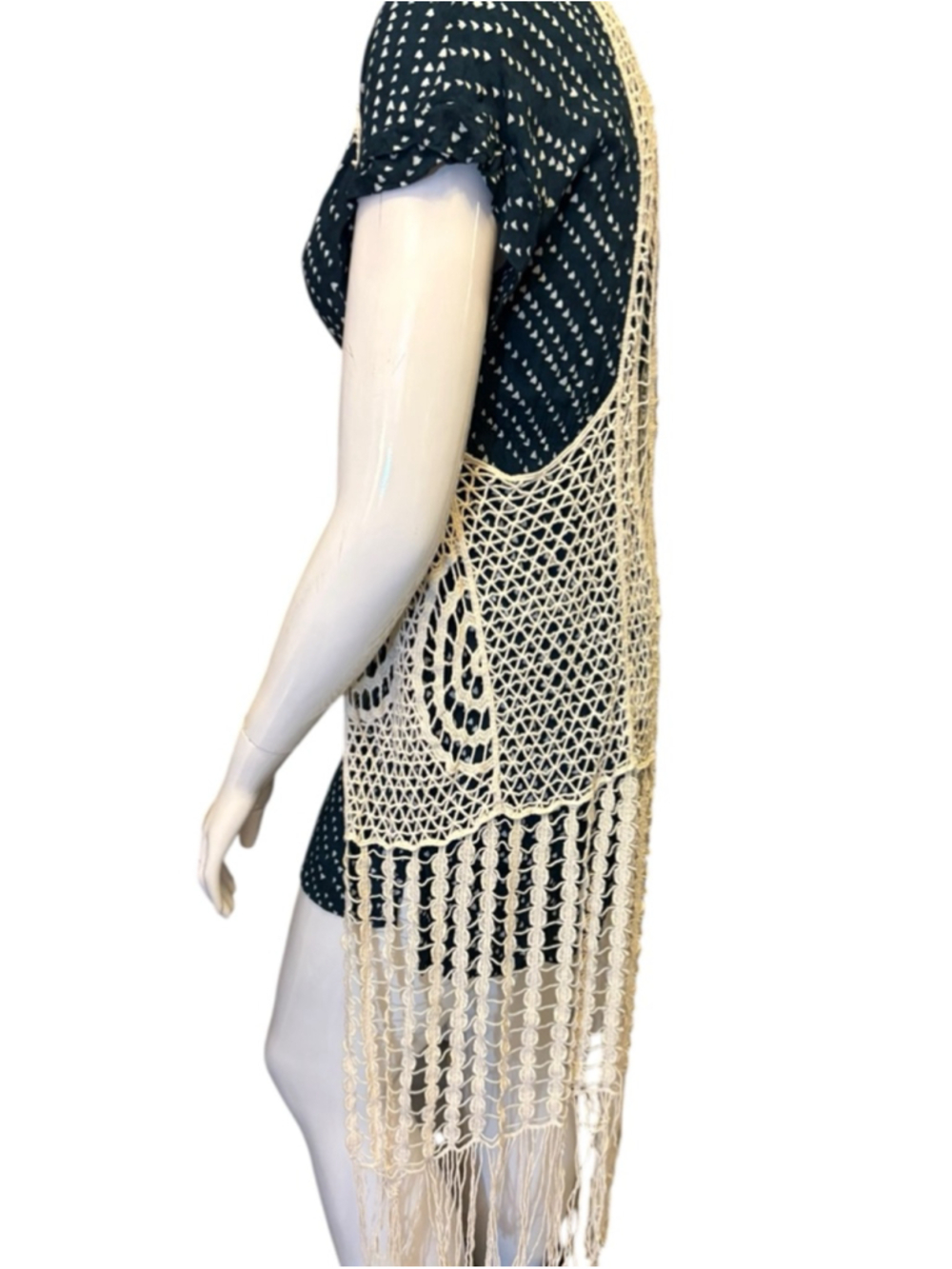 Boho Crochet Fringe Longline Vest, O/S, Festival Cover-up Duster - Picture 3 of 13